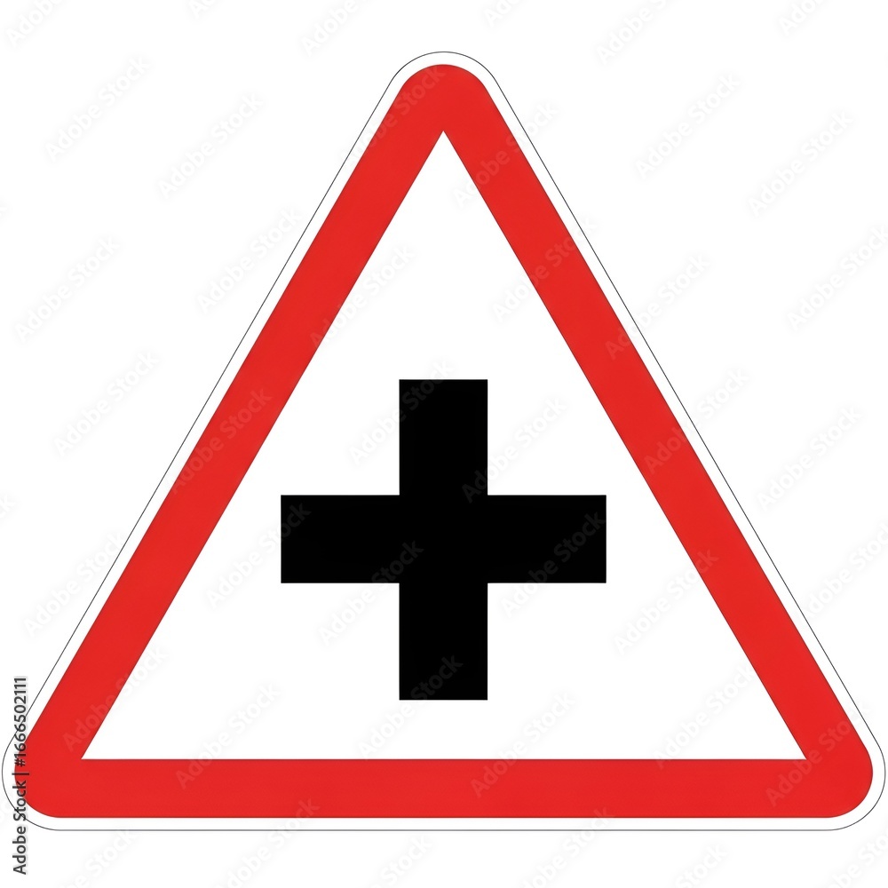 Fototapeta premium Road traffic warning sign indicating a crossroads or intersection ahead isolated on white background