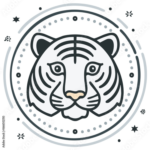 Majestic Tiger Head Portrait with Striped Pattern Illustration and Cosmic Surroundings