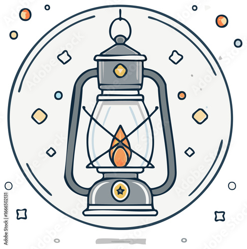 Illustrated vintage camping lantern glows warmly amidst stylized stars and circles, a symbol of exploration and outdoor adventures.