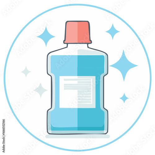 Oral hygiene mouthwash bottle flat illustration with refreshing sparkle clean