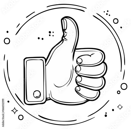 Abstract thumbs up gesture line art illustration in circular frame with details