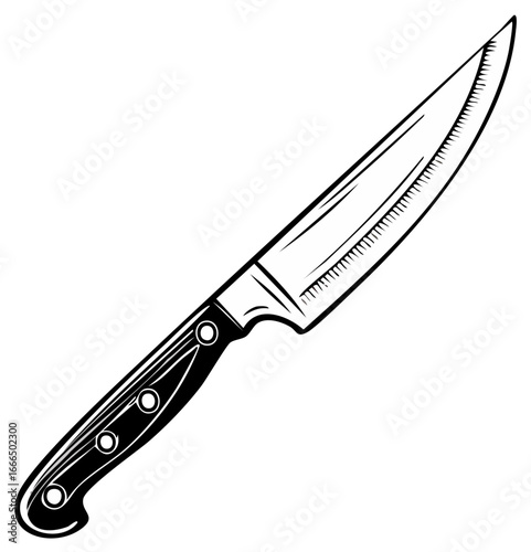 Illustration of a sharp kitchen knife with a serrated edge in black and white style.