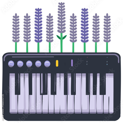 Keyboard synthesizer with lavender flowers music and nature harmony creative illustration