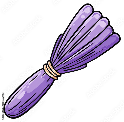 Stylized illustration of a purple makeup brush with soft bristles tied with a band