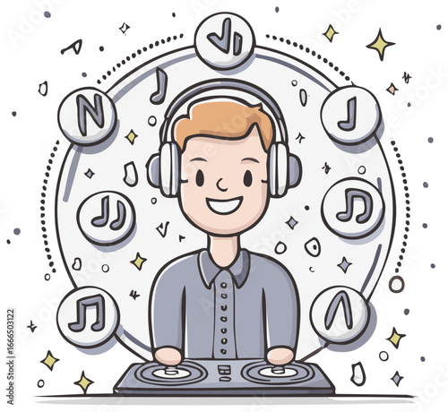 Happy cartoon DJ boy with headphones mixing music on a turntable