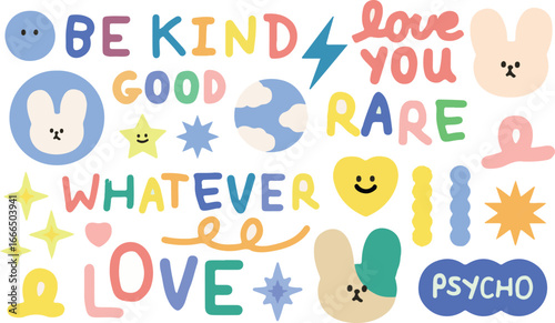 Colorful Positive Words Doodle Set – Kind, Good, Love, Rar, Whatever, Fun, Cartoon, Text, Quote, Cute, Happy, Kids, Bright, Playful, Handdrawn, Minimal, Creative, Decor