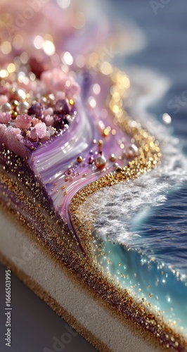Close-up of a resin art piece depicting a coastal scene