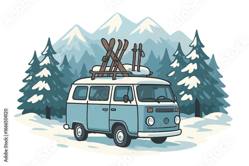 Vintage van with skis on roof rack in winter mountain landscape. Retro camper on a snow road trip adventure. Winter vacation travel concept. Cartoon vector illustration.