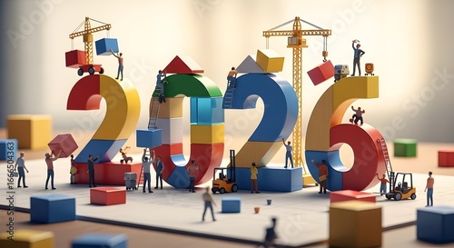Fototapeta Naklejka Na Ścianę i Meble -  Small figures building colorful 2026 from blocks cranes future newyear teamwork construction business development planning progress 3d