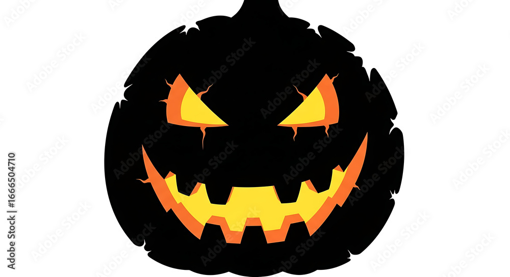 Fototapeta premium A black halloween pumpkin with jagged orange eyes and a toothy smile on a white background ai generated