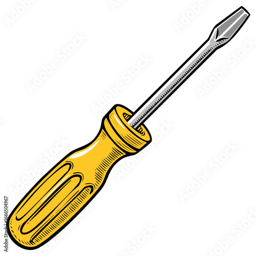 Yellow handled flathead screwdriver graphic tool for repair and construction projects