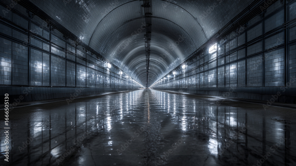 Obraz premium Interior view of a long wet tunnel with reflective floor and tiled walls
