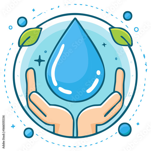 Hands cupping a large clear water droplet, surrounded by leaves and bubbles