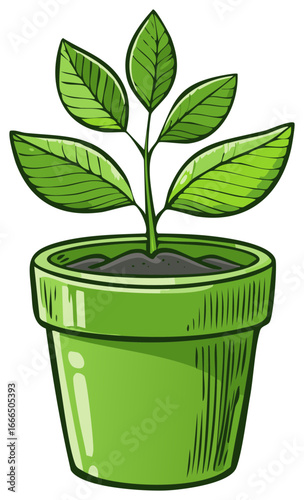 Young green plant sapling with leaves growing in a pot cartoon vector illustration