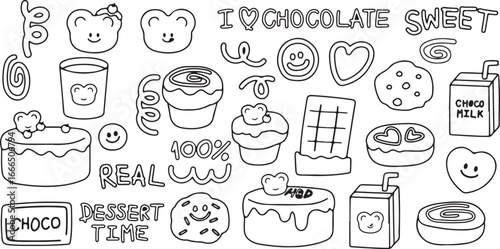 Chocolate and Sweet Doodles – Candy, Dessert, Cake, Ice Cream, Cookie, Cupcake, Donut, Hand Drawn, Cute, Kids, Sweet, Cartoon, Fun, Decorative, Food, Party, Creative, Line Art