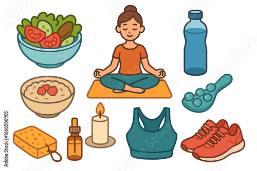 Wellness routine elements. Healthy lifestyle icons for self care. Woman meditating, yoga, fitness, nutrition, relaxation. Mental health vector cartoon illustration set.