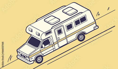 Camper van top view car illustration. Vacation vehicle travel summer bus. Caravan transport truck white. Cartoon flat family wagon on yellow background