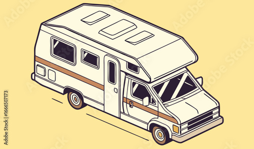 Camper van top view car illustration. Vacation vehicle travel summer bus. Caravan transport truck white. Cartoon flat family wagon on yellow background