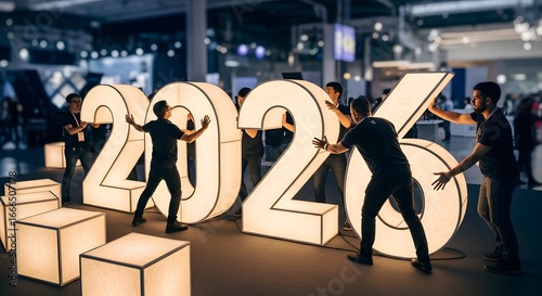People assembling large illuminated 2026 numbers for a corporate event future newyear celebration team event collaboration