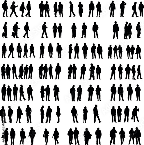 A large collection of black silhouettes depicting diverse individuals and groups of people in various poses and activities.