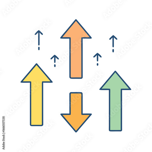 Arrows indicating growth and decline with a central downward trend