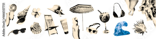 Summer beach halftone collage elements set with umbrella, cocktail, seashells, sunglasses, hat, palm leaf, bikini, and sunscreen for holiday and vacation grunge mixed media design. Vector illustration