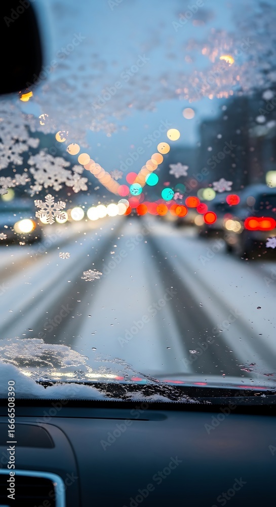 Obraz premium Snowy city street view from car