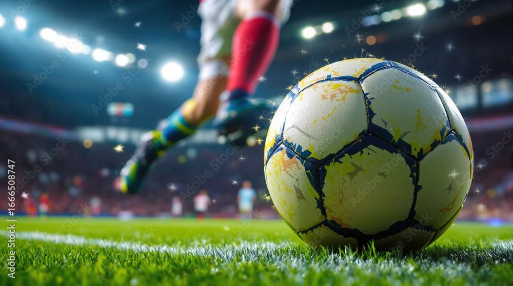 Fototapeta premium Dynamic action shot of a soccer player kicking the ball towards the goal during a dramatic night match in a large stadium