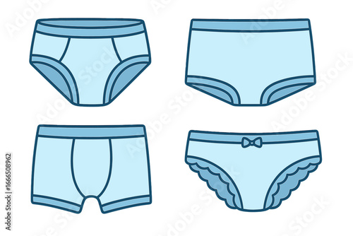 Children's underwear vector set. Boy and girl underpants, briefs, boxer briefs, panties icons. Kids clothing collection in a flat cartoon style for educational use.