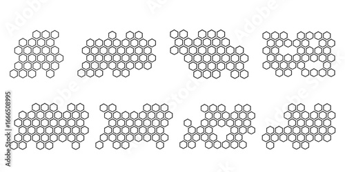 Propolis Honey comb pattern set. Honeycomb structure. Honey, pollen, wax, parchment and bee products in sketch style. Stock vector illustration isolated on a white background.
