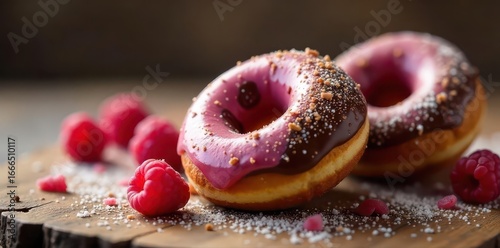 Warm chocolate donuts, raspberry swirls, cold milk , bakery, tempting, decadent