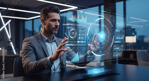 A man in a suit interacts with a futuristic transparent display showing data and graphs in an office ai generated