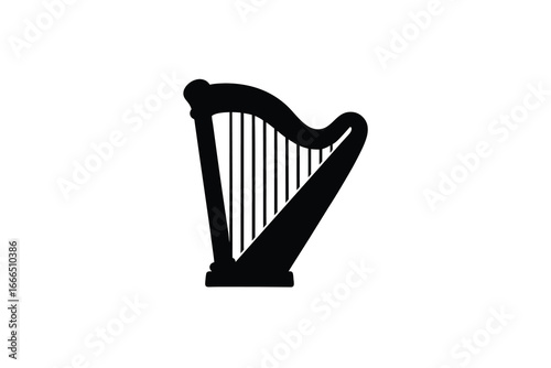 A black silhouette of a traditional Irish harp on a white background
