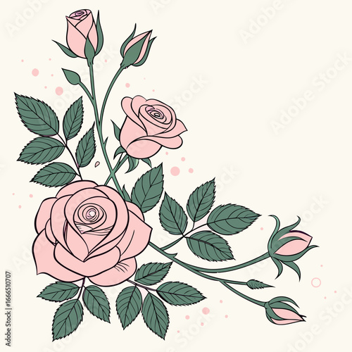 Elegant Pink Rose Corner Bouquet Watercolor Illustration
