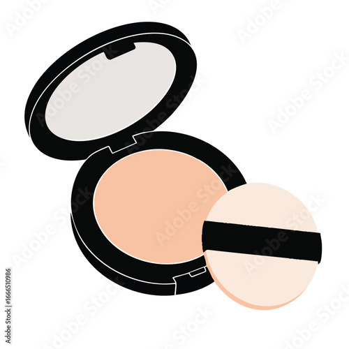 A minimalist 2D flat vector illustration features a compact powder with a delicate puff, showcasing clean lines and solid colors, perfectly isolated on a pristine white background.