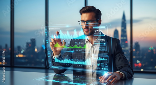 Man in suit interacting with futuristic transparent screen displaying financial data and city background ai generated
