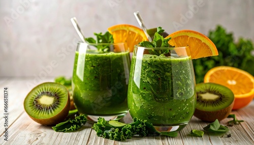Two glasses of vibrant green smoothie garnished with orange slices, surrounded by kiwi, cucumber, kale, and halved oranges—bright, fresh, and nutrient-rich on clean white background.