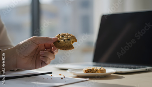 Woman holding chocolate cookie at desk indoors  