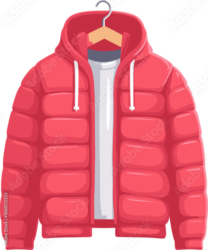 Stylish red puffer jacket with white interior hanging on a wooden hanger isolated on transparent background. Vector illustration.