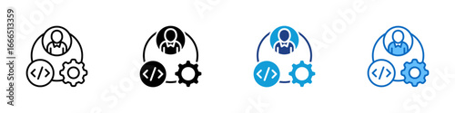 Team Coding Multiple Style Icon Vector Design - person with gears and code symbol, symbolizing collaborative development or project management