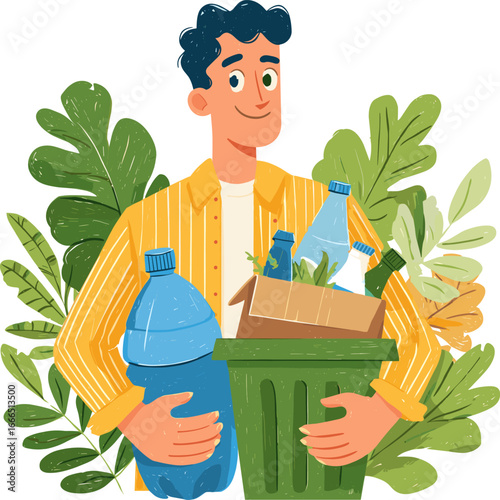 Man recycling plastic bottles in a green environment while promoting environmental awareness and sustainability efforts isolated on transparent background. Vector illustration.