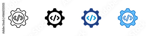 Dev Gear Multiple Style Icon Vector Design - Gear with code symbol in center, representing software engineering or development configuration
