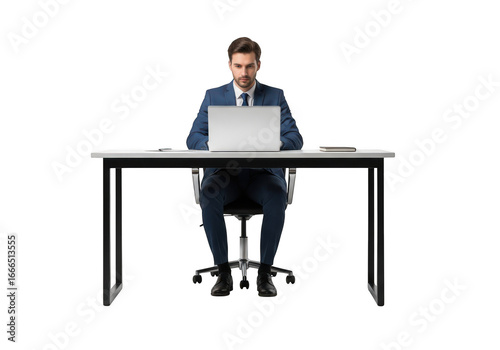 Businessman working on laptop isolated on transparent background