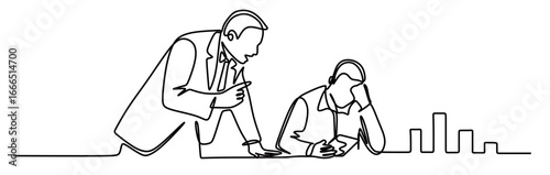 Continuous line art of a boss scolding a subordinate with a descending graph beside him. Vector illustration