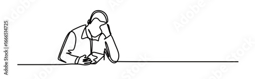 Continuous line art of a man in a work suit slumped in his work with his eyes fixed on his phone screen. Vector illustration