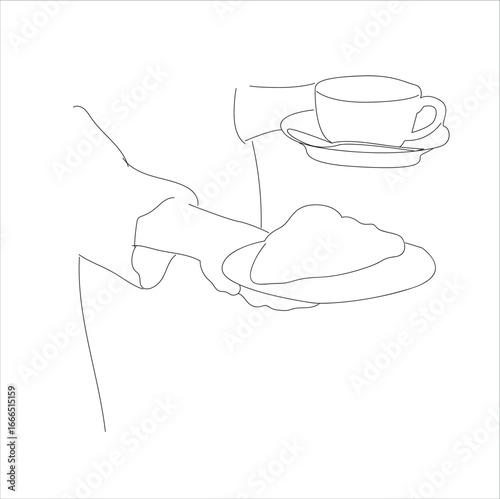 people holding cakes and cups of coffee. line art. 