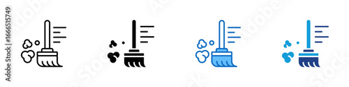 Sweeping Multi Style Icon Vector Design - broom with motion lines and dust clouds, symbolizing sweeping or dry cleaning activity