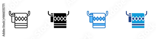 Towel Rack Multi Style Icon Vector Design - towel hanging on a wall-mounted rack, representing drying and personal care