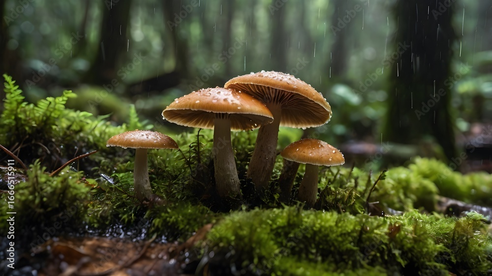 Fototapeta premium Macro photo of mushrooms growing on mossy wood in a tropical forest during rainy season, showcasing lush greenery, delicate fungi, and nature’s detailed beauty