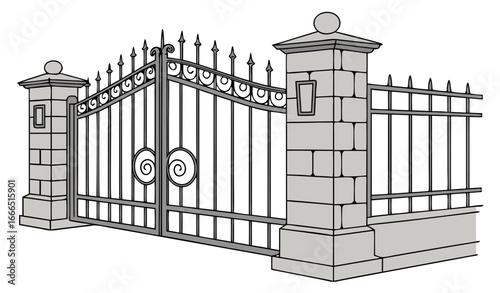 only Gate with iron fence door and metal cartoon manor decoration. Front entrance from ironwork grid vector illustration. Old lattice wrought and classic frame ornament for park. Security steel struct